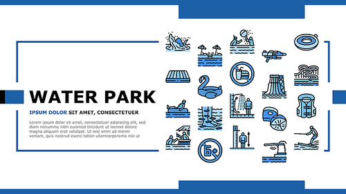 Water Park Attraction And Pool Landing Web Page Header Banner Template Vector. Water Park Restaurant And Bar, Inflatable Swim Vest Lifebuoy, Trampoline Mattress. Swimming Enjoying Time Illustration