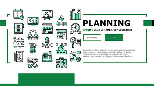 Planning Work Process Landing Web Page Header Banner Template Vector. Planning Business Project And Optimization, Plan And Infographic, Notebook And Agreement Illustration