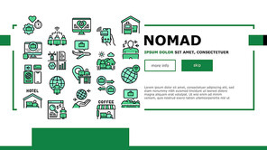 Digital Nomad Worker Landing Web Page Header Banner Template Vector. Freelancer Nomad Remote Work And Traveling, Working In Hotel And Coffee Cafe Illustration