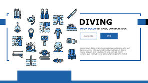 Diving Scuba Equipment Landing Web Page Header Banner Template Vector. Mask And Snokler, Fins And Swimming Suit, Flash Light And Knife Diving Tool Illustration