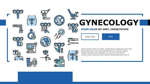 Gynecology Treatment Landing Web Page Header Banner Template Vector. Gynecology Chair And Ultrasound Machine, Tools And Laboratory Microscope, Pad And Tampon Illustration