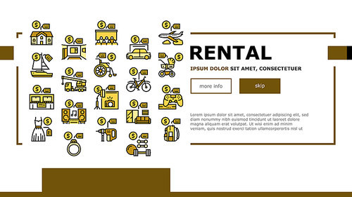 Rental Service Business Landing Web Page Header Banner Template Vector. House And Apartment, Car And Airplane, Boat And Crane Truck, Bicycle And Wheel Chair Rental Illustration