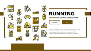 Running Athletic Sport Landing Web Page Header Banner Template Vector. Treadmill Running Equipment And Gun, Stopwatch And Headphones, Sneaker And T-shirt Illustration