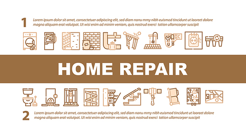 Home Repair Service Landing Web Page Header Banner Template Vector. Washing Machine And Pipe Repair, Defrosting Refrigerator And Installation Of Household Appliances Illustrations