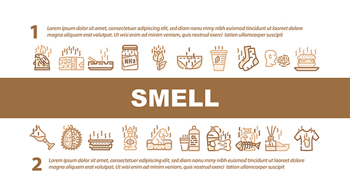 Smell Feel And Sense Landing Web Page Header Banner Template Vector. Cheese And Flowers, Smoking And Garbage Smell, Ammonia And Aroma Candles, Durian And Dog Illustration