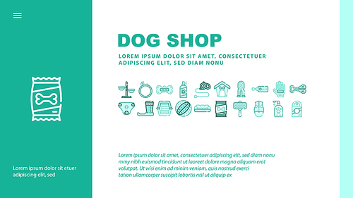 Dog Shop Accessories Landing Web Page Header Banner Template Vector. Dog Sonic Collar And Leash, Booth And Carrier Cage, Shampoo And Brush, Bone Toy And Food Illustration