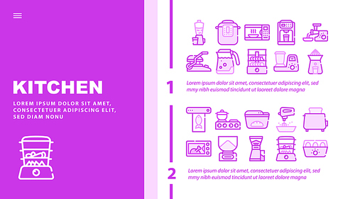 Kitchen Electronics Landing Web Page Header Banner Template Vector. Kitchen Blender And Multicooker, Microwave Oven And Coffee Maker, Meat Grinder And Juicer Illustration