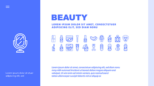 Beauty Salon Accessory Landing Web Page Header Banner Template Vector. Lipstick And Powder, Beauty Facial Mask And Perfume, Cream And Shampoo, Mirror And Nail Polish Illustration