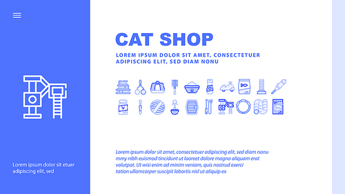 Cat Market Accessory Landing Web Page Header Banner Template Vector. Stick And Mouse Toy, Playground And Carrier Cage, Shampoo And Brush, Food Bowl And Cat Vitamins Illustration