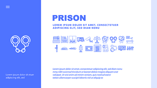 Prison Building And Accessory Icons Set Vector. Prison Cell And Electric Chair, Library And Visit Room, Knife In Bread And Police Baton Illustration