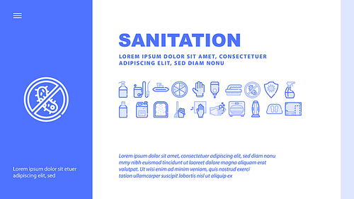 Sanitation Accessories Landing Web Page Header Banner Template Vector. Sanitation Equipment And Tool, Anti-virus Protection Brush Glove, Disinfection Spray Liquid Illustration