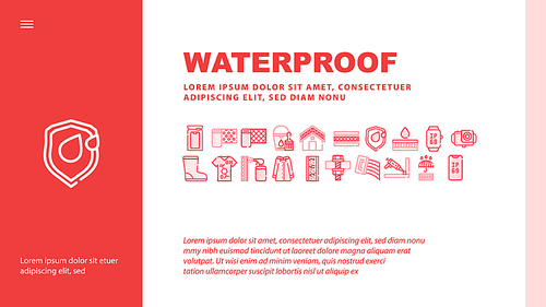 Waterproof Material Landing Web Page Header Banner Template Vector. Waterproof Bag And Layer, Watch And Video Camera, Smartphone And Clothes, Roof And Wallpaper Illustration