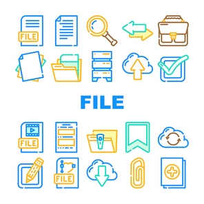 File Computer Digital Document Icons Set Vector. Graphic And Video Electronic File Load And Upload To Cloud Storage Data Center, Sharing And Transfer In Internet Line. Color Illustrations