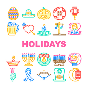 Holidays Celebration Accessories Icons Set Vector. Mother And 8th March International Women Day, Holi And Halloween, Christmas And Chinese New Year Celebrate Holidays Line. Color Illustrations