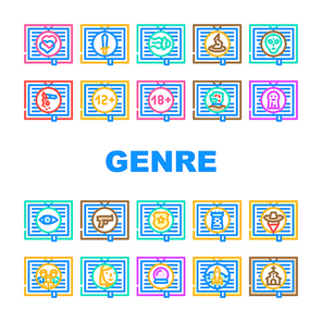Literary Genre Categories Classes Icons Set Vector. Fantasy And Science Fiction, Action Adventure And Paranormal, Crime And Magic Literary Genre Line. Literature Color Illustrations