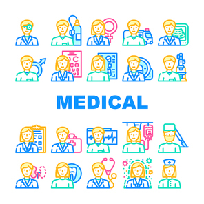 Medical Speciality Health Treat Icons Set Vector. Dentist And Oculist, Immunologist And Therapist, Gynecologist And Urologist Doctor Hospital Medical Speciality Line. Color Illustrations