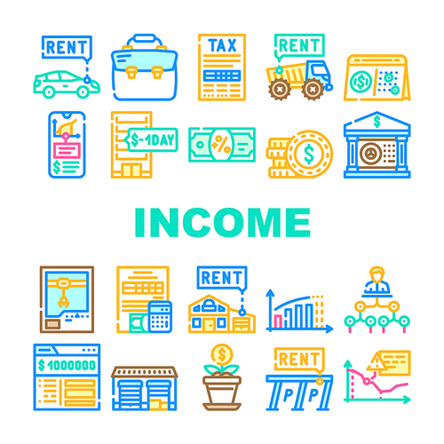Passive Income Finance Earning Icons Set Vector. Car Rental And Delivery Of Special Transport Truck, Parking And House Rent Passive Income Line. Millionaire Bank Account Color Illustrations
