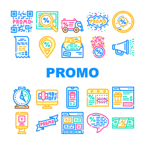 promo and advertising  icons set vector. qr code on sale discount and newsletter with advertise messenger, promo street banner and promotional ribbon line. color illustrations