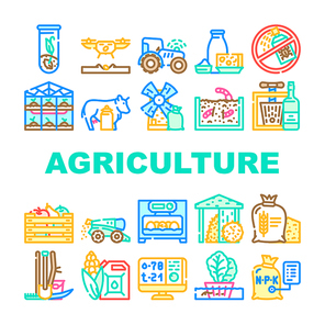 Agriculture Farmland Business Icons Set Vector. Mill And Greenhouse Farm Construction, Drone For Planting Plant And Tractor With Gps, Agriculture Harvesting And Production Line. Color Illustrations