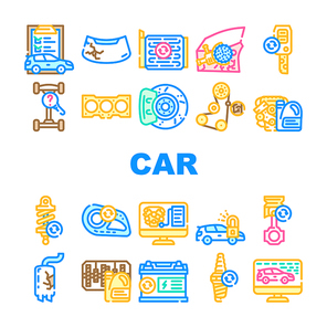 Car Service Technical Maintenance Icons Set Vector. Car Service Worker With Equipment For Repair And Computer Diagnostic Digital Analyzing, Changing Oil In Gearbox And Engine Line. Color Illustrations