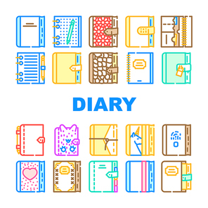 Diary Paper Stationery Accessory Icons Set Vector. Diary With Pen And Crocodile Skin Cover For Writing And Drawing, With Fingerprint Scanner And Password Lock Line. Color Illustrations