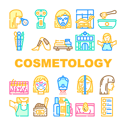 Cosmetology Beauty Procedure Icons Set Vector. Lifting Face Skin With Electronic Device And Facial Mask, Depilation Armpit And Leg, Cosmetology Body Treat And Allergy Test Line. Color Illustrations