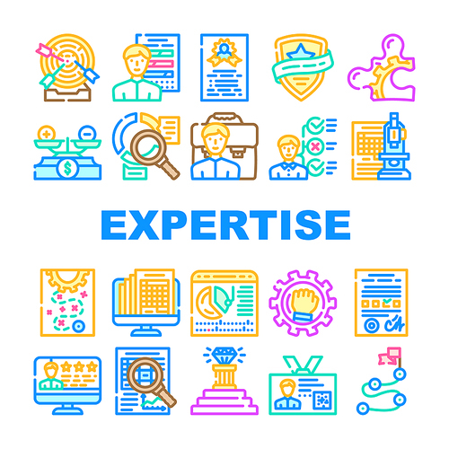 Expertise Business Processing Icons Set Vector. Skill Employee And Leadership Expertise, Calendar With Report Of Work Done And Reporting Goal Achievement Line. Scientific Approach Color Illustrations