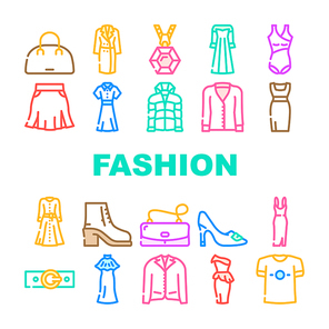 Fashion Store Garment And Shoes Icons Set Vector. Fashion Store Selling Dresses Evening Gowns And Jacket, T-shirt And Coats, Woman Bag And Belt Accessories Line. Color Illustrations