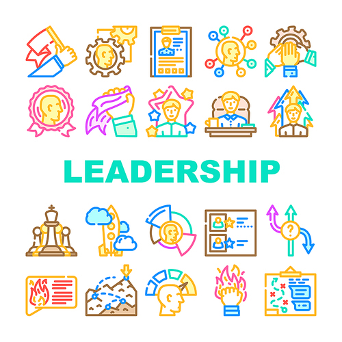 Leadership Leader Business Skill Icons Set Vector. Motivation Employee And Manager Career, Network Communication And Planning Strategy, Businessman Leadership Line. Color Illustrations