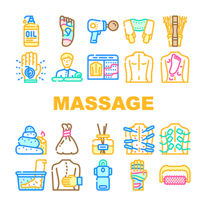 Massage Accessories And Treatment Icons Set Vector. Shiatsu Massage Physiotherapy And Acupuncture, Water And Stone For Massaging, Masseur Business And Occupation Line. Color Illustrations