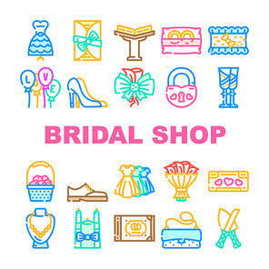 Bridal Shop Fashion Boutique Icons Set Vector. Dress For Bride And Costume For Groom, Garment For Bridesmaid And Candles, Ring And Wedding Album Selling In Bridal Shop Line. Color Illustrations