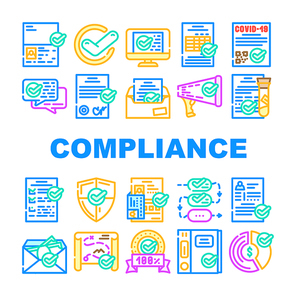 Compliance Quality Procedure Icons Set Vector. Compliance Passport And Covid Certificate, Approval Conversation And Check List, Cv And Documentation Line. Honey Analyzes Color Illustrations