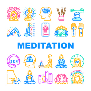 Meditation Wellness Occupation Icons Set Vector. Group And Mantra Spiritual Meditation, Aroma Therapy And Progressive Relaxation, Harmony Zen And Healthcare Breath Line. Color Illustrations