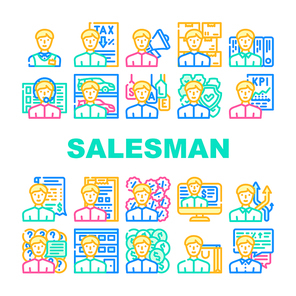 Salesman Business Occupation Icons Set Vector. Salesman Megaphone Advertising Of Seasonal Store Sale And Discounts, Tax Advice And Call Center Worker Support Line. Color Illustrations