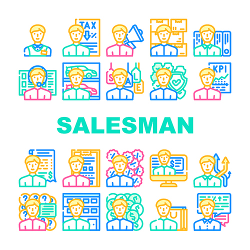 Salesman Business Occupation Icons Set Vector. Salesman Megaphone Advertising Of Seasonal Store Sale And Discounts, Tax Advice And Call Center Worker Support Line. Color Illustrations