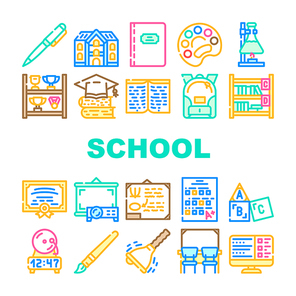 School Stationery Accessories Icons Set Vector. Shelf With Goblets Award And Backpack, Pen And Tassel, School Educational Book And Notebook, Blackboard And Certificate Line. Color Illustrations