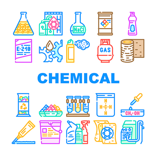 Chemical Industry Production Icons Set Vector. Specialty Chemical Liquid In Barrel And Industrial Oil, Rubber Roll And Organic Solvent, Gas Cylinder And Laboratory Glass Line. Color Illustrations