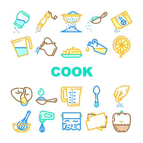 Cook Instruction For Prepare Food Icons Set Vector. Pepper And Salt, Milk And Sugar Add, Adding Olive Oil And Water In Dish, Lemon Juice And Spice Cook Instruction Line. Color Illustrations