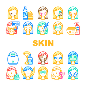 Facial Skin Care And Treatment Icons Set Vector. Couperose And Acne Face Skin Problem, Massage And Laser Lifting Beauty Spa Salon Procedure Line. Toner And Scrub Cosmetology Color Illustrations