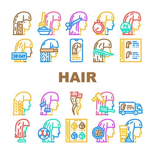 Hair Salon Hairstyle Service Icons Set Vector. Hair Painting And Cutting, Straightening And Braiding, Balancing Ph Of Scalp And Departure Of Specialist Line. Thermo Wrap And Curler Color Illustrations