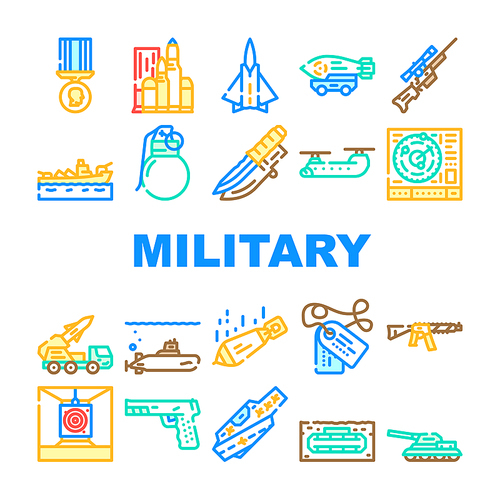 Military Weapon And Transport Icons Set Vector. Military Nuclear Bomb And Missile Rocket, Mine And Bullet, Radar Technology And Knife, Tank And Fighter Airplane Line. Color Illustrations