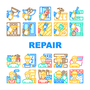 Repair And Maintenance Service Icons Set Vector. Shower Tray And Sink Repair, Kitchen Worktop And Unit, Fireplace And Wood Floor Scratch Line. Repairman Repairing Color Illustrations