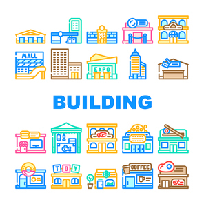 Building Construction Exterior Icons Set Vector. Shopping And Commercial Center Skyscraper, Seafood And Sushi Restaurant, Cinema And Night Club Building Line. Coffee Shop And Cafe Color Illustrations