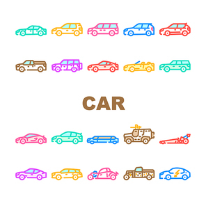 Car Transport Different Body Type Icons Set Vector. Hatchback And Sedan, Mpv Minivan And Cuv Crossover, Limousine And Sportscar, Grand Tourer And Suv Vehicle Car Line. Color Illustrations