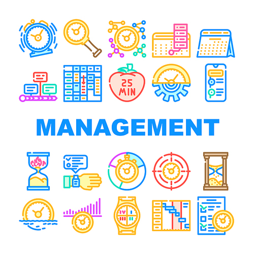 Time Management And Planning Icons Set Vector. Timeline And Check List For Time Management And Plan, Stop Watch And Calendar Accessory Line. Project Deadline And Managing Tasks Color Illustrations