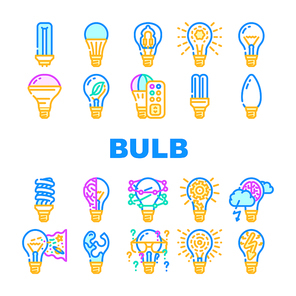 Bulb Lighting Electric Accessory Icons Set Vector. Fluorescent And Halogen Light Bulb, Led And Energy Save Electricity Equipment Line. Electrical Innovation Technology Color Illustrations