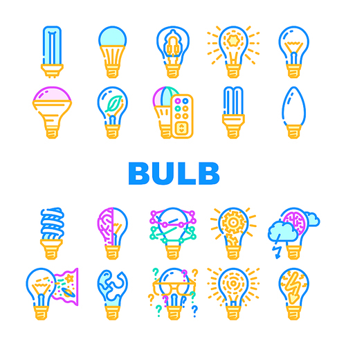 Bulb Lighting Electric Accessory Icons Set Vector. Fluorescent And Halogen Light Bulb, Led And Energy Save Electricity Equipment Line. Electrical Innovation Technology Color Illustrations