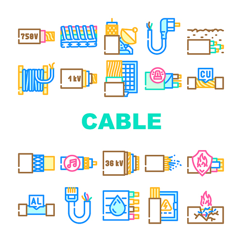 Cable Wire Electrical System Icons Set Vector. Optic And Internet Cable Wire, Fire Resistance And Audio, Aluminum And Copper Line. Low, Medium And High Voltage Cord Color Illustrations