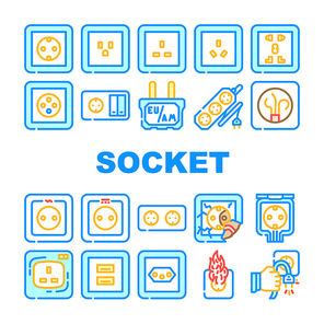 Socket Power Electrical Accessory Icons Set Vector. American And European, Australia And Universal Waterproof Socket Line. Damaged And Burning Electricity Connector Color Illustrations