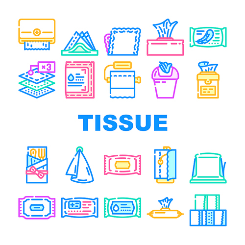 Tissue Paper And Napkin Package Icons Set Vector. Towel Dispenser And Container, Hygienic Accessory Packaging And Box Line, Tissue For Cutlery And Medical Wipes. Color Illustrations